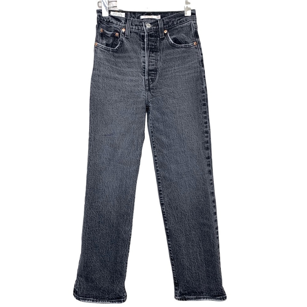 Levis Premium Ribcage Straight Black Worn Jeans Sz 24 Hi Rise Ankle Button Fly - Picture 2 of 14